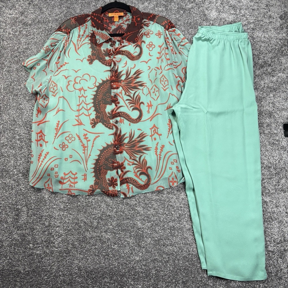 Harari Blouse & Pants 3 Piece Set Womens Large 100% Silk Asian Japanese Dragon